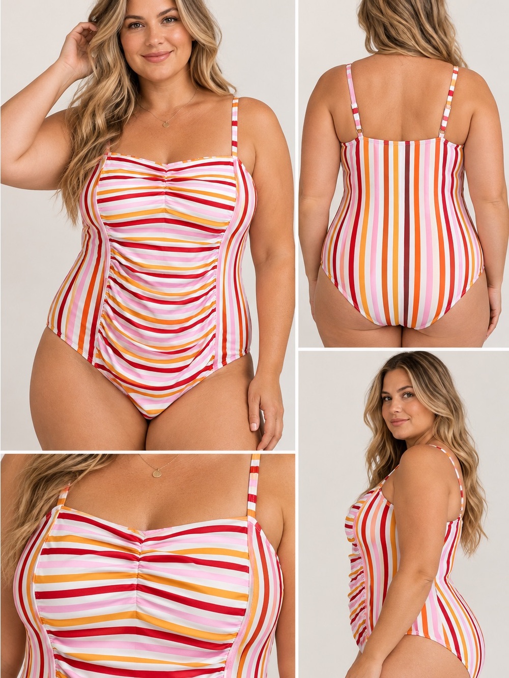 Lime Ricki 2X One Piece Swimsuit Striped Ruched Modest Retro Pinup Resort K03